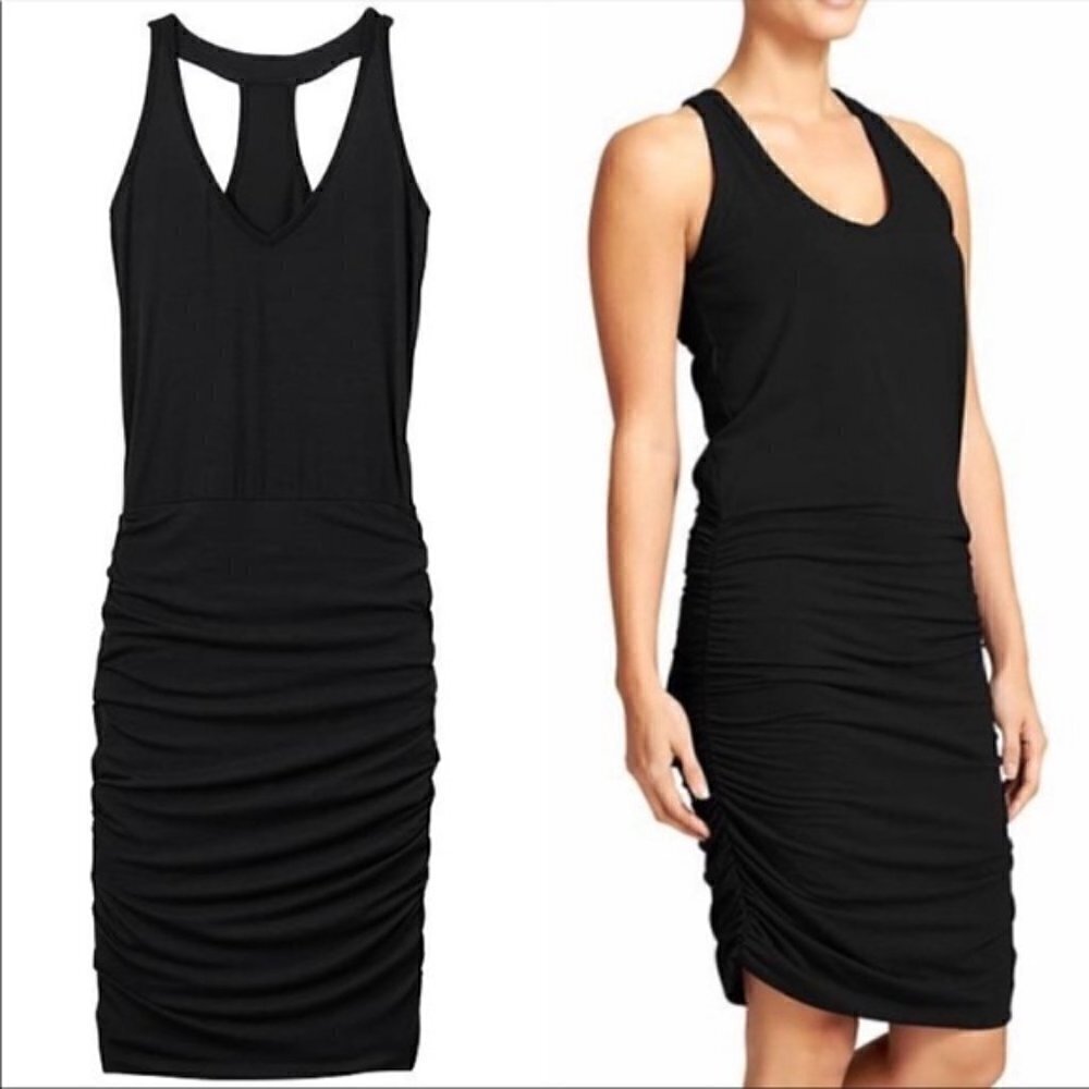 SALE Athleta V-Neck Racerback Stretch Jersey Shirred Knit Tank Dress Black Small